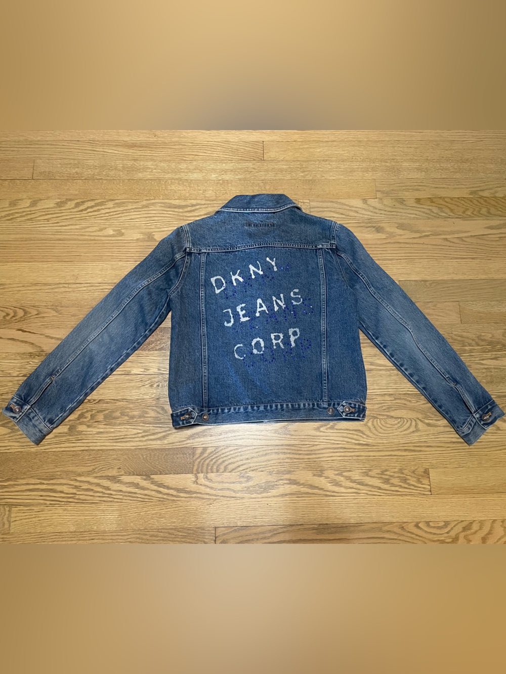 DKNY Jeans Corp Rhinestone Embellished Back Graphic Women’s Denim Jacket - Sz S